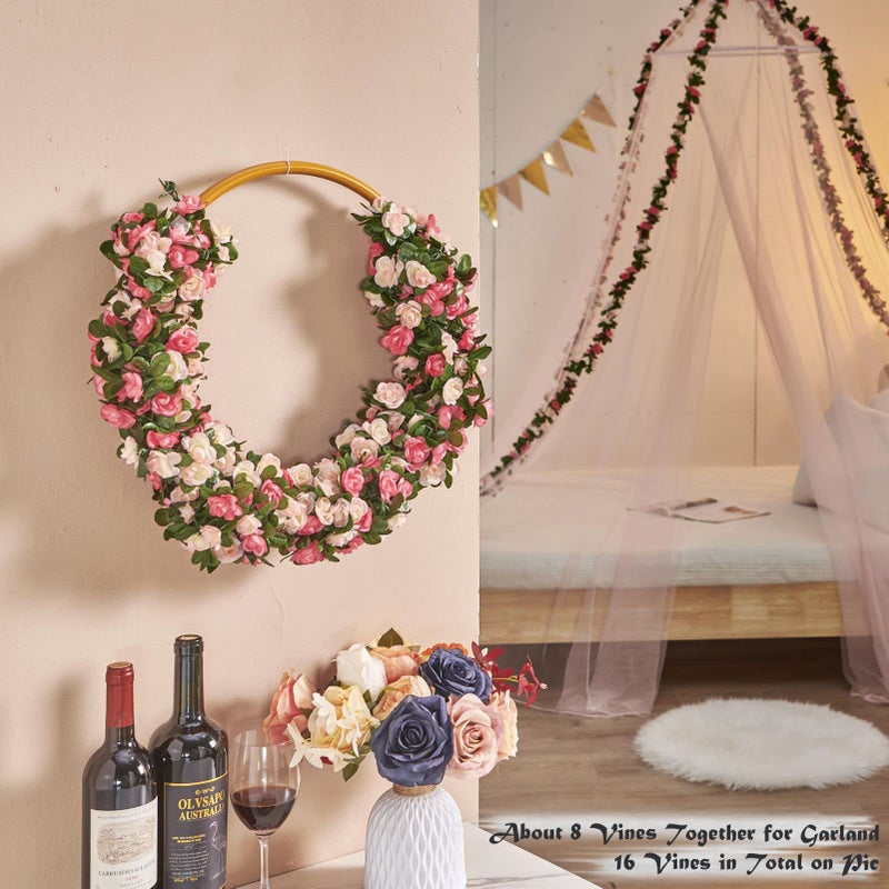 PONKING 8 Pcs x 8.2 ft Flower Garland Artificial Rose Vine Flowers with Green Leaves Hanging Fake Roses Vine for Room Party Home Wedding Birthday Christmas Wall Arch Decor, Spring Pink Flower - Image 5